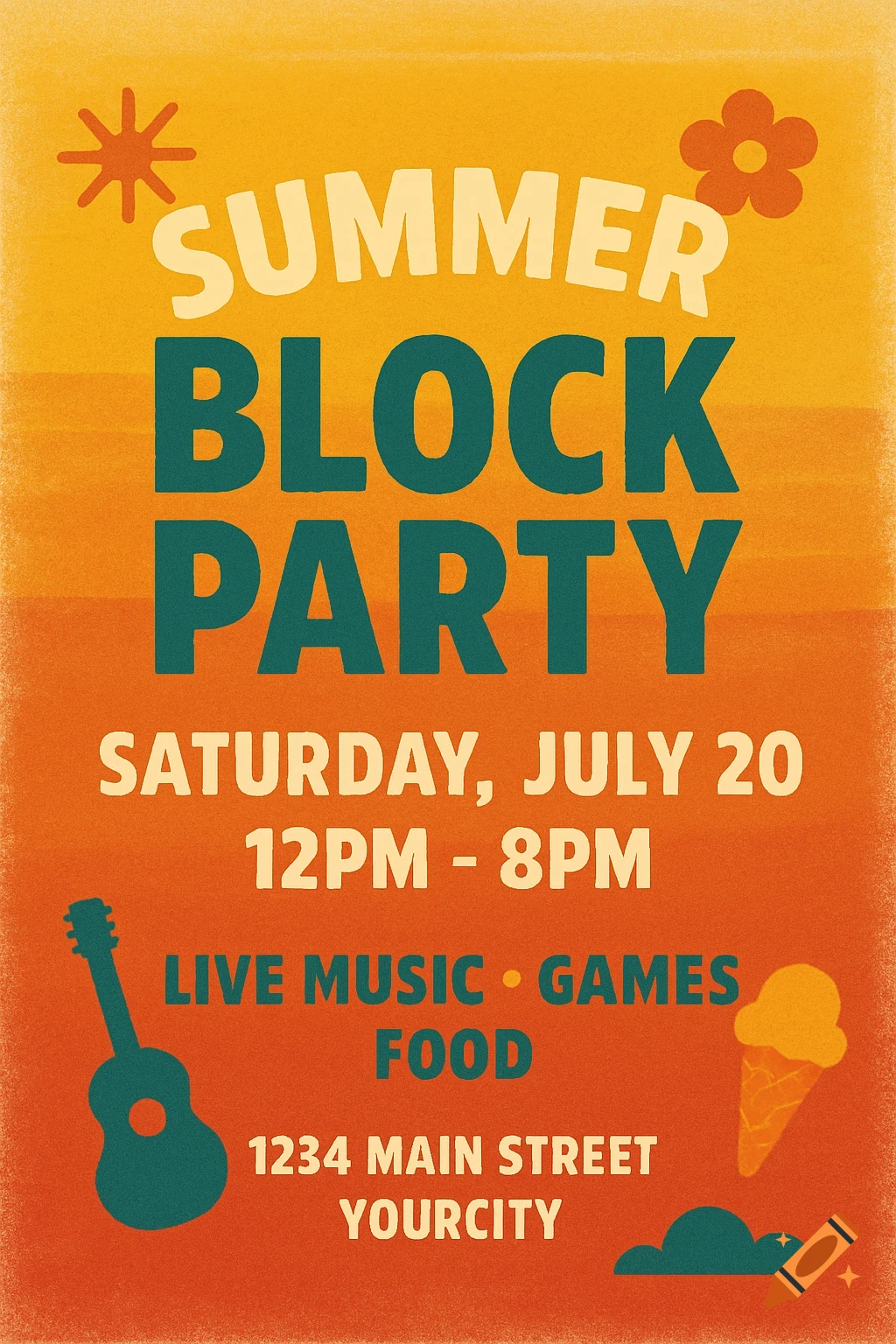 Retro style summer block party flyer with text, guitar, and ice cream.