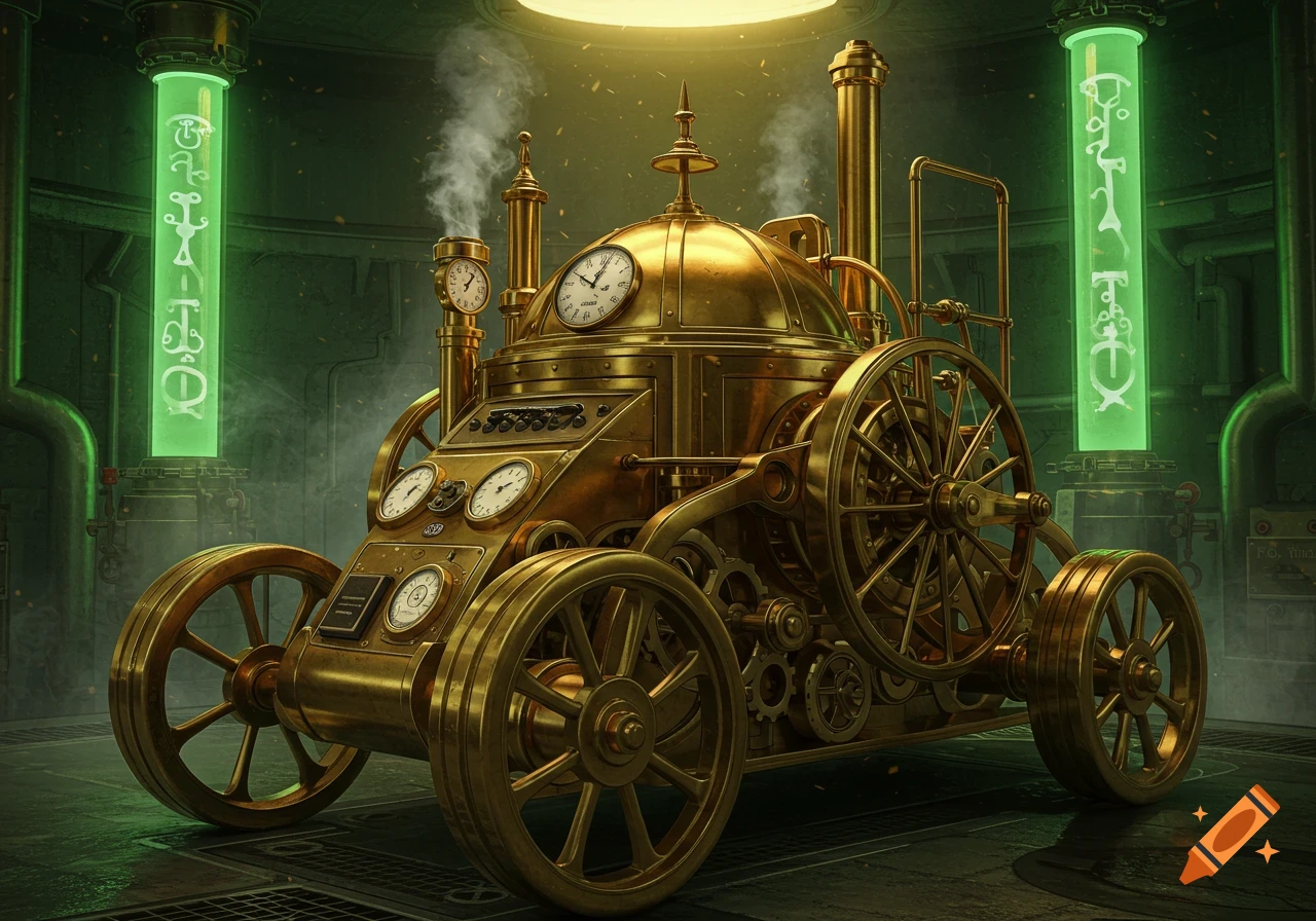 Golden steampunk machine in a green-lit laboratory with glowing tubes.