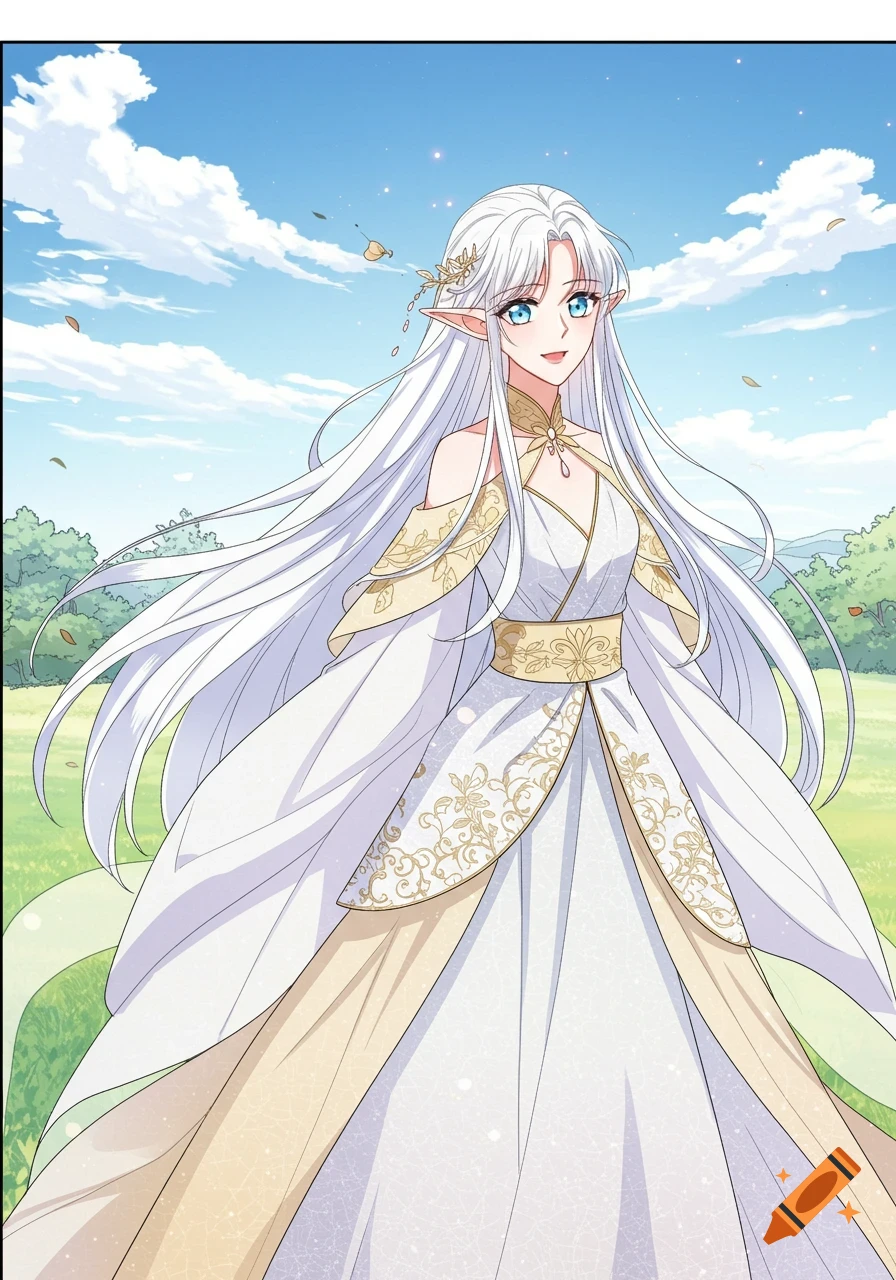 Manhwa style illustration of an elf girl with long white hair and blue eyes in a white and gold dress.