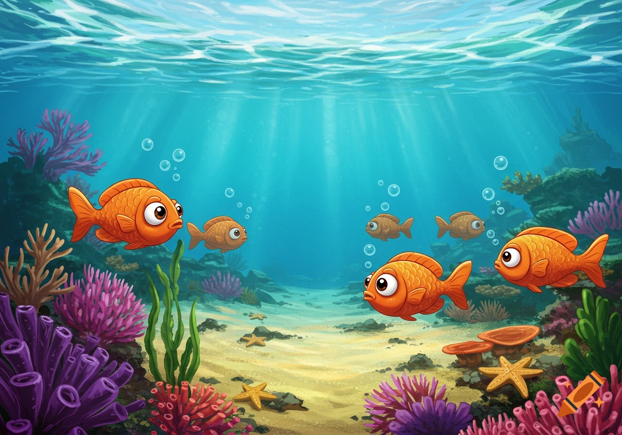 Cute orange cartoon fish swim among colorful coral and starfish in an underwater scene.