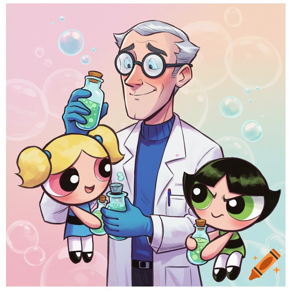 Professor Utonium with Bubbles and Buttercup holding bottles in a lab setting.