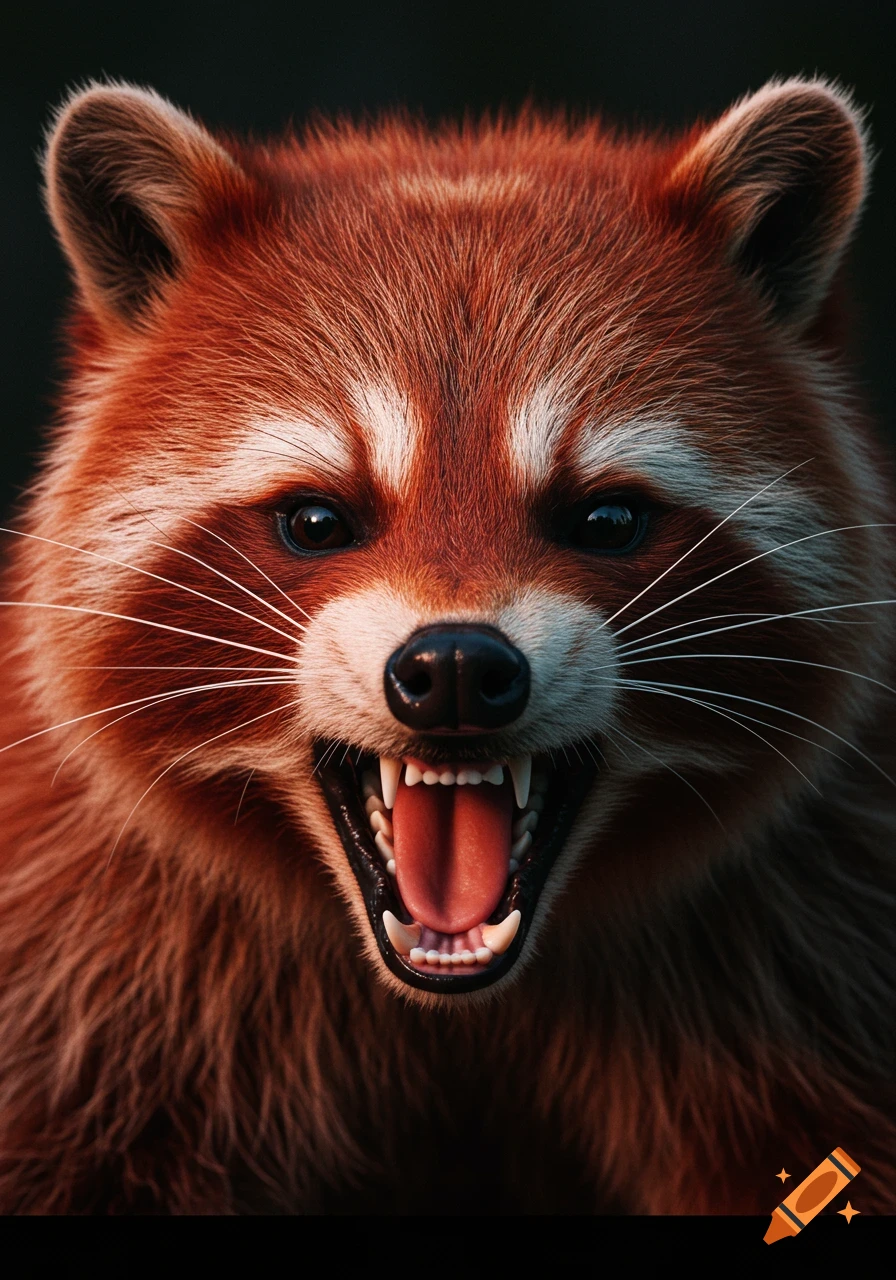Close-up photorealistic portrait of an angry red raccoon showing its teeth.