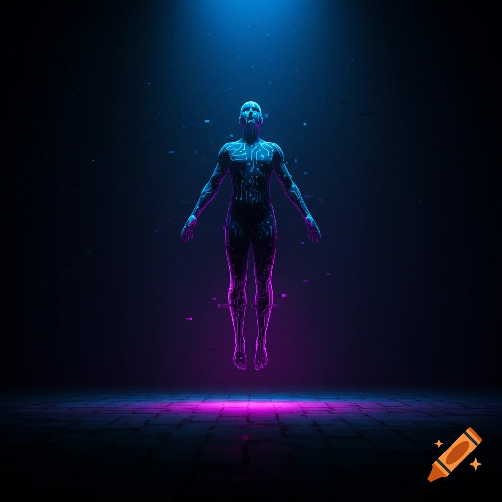 Digital art of a levitating humanoid figure with circuitry in a dark futuristic room with blue and purple neon light.