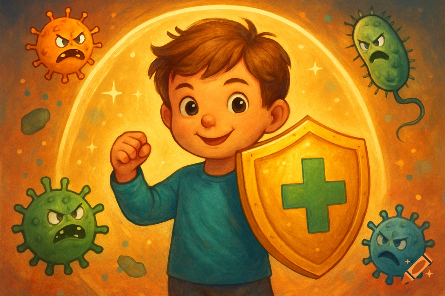 Cartoon boy with shield fighting viruses in an illustration