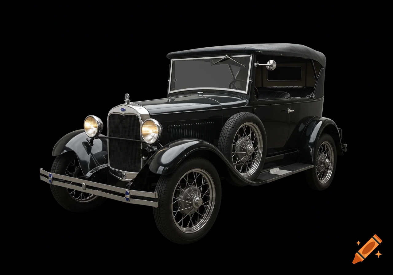 A black 1920s era car on a black background.
