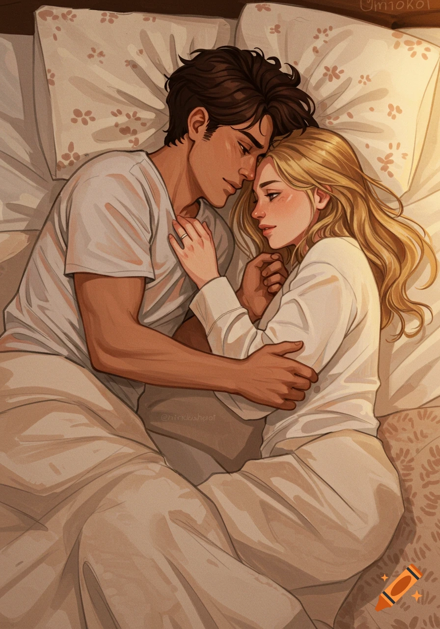 Illustration of a couple cuddling close in bed.