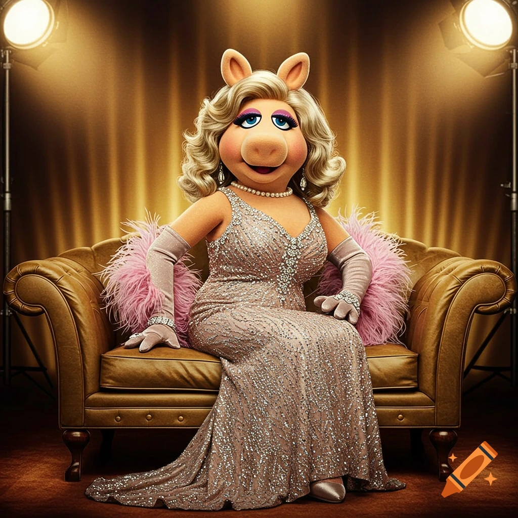 Miss Piggy in a sparkly dress and gloves sits on a couch under studio lights.
