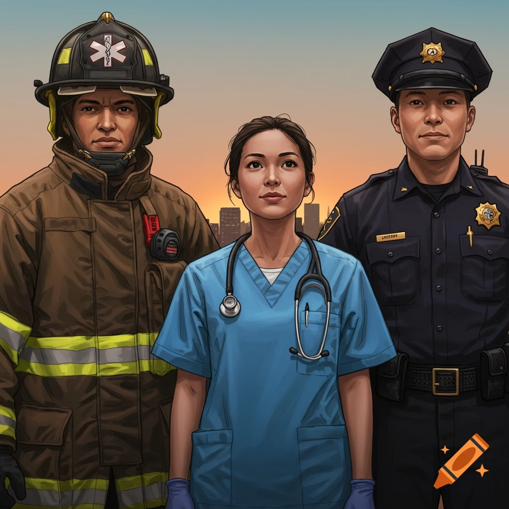 Three first responders, a firefighter, a medic, and a police officer, stand together in a stylized illustration.
