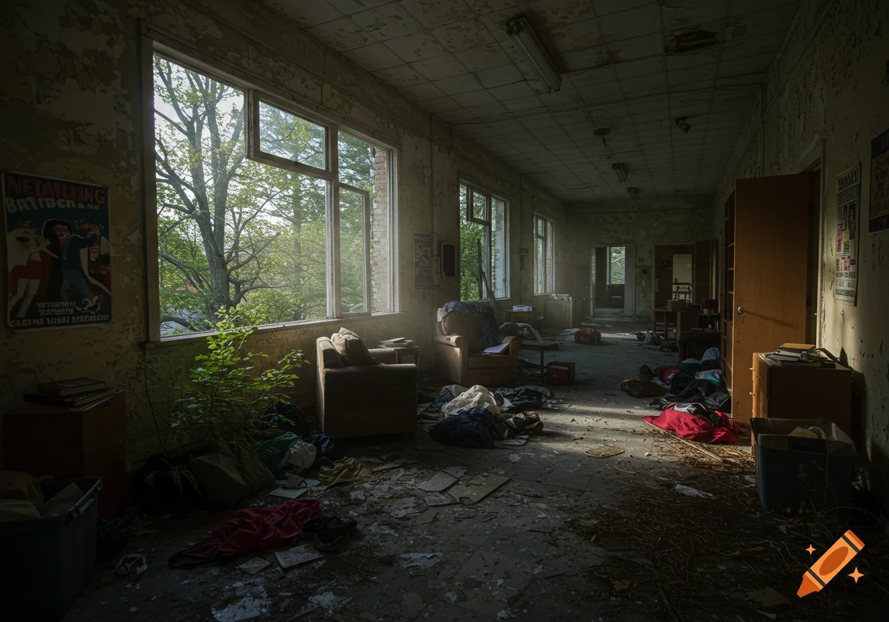 Abandoned room with peeling paint, sunlit windows, scattered furniture and belongings.