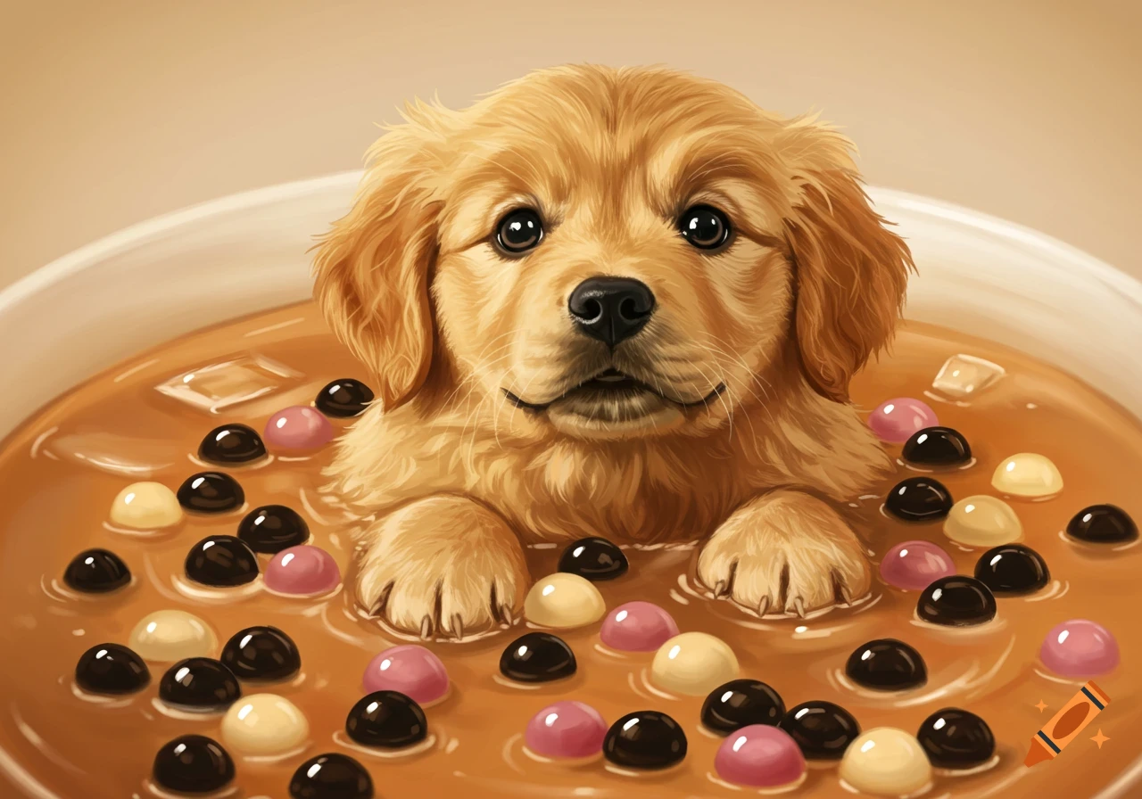 A cute golden retriever puppy sits in a large cup of boba tea, surrounded by colorful tapioca pearls.