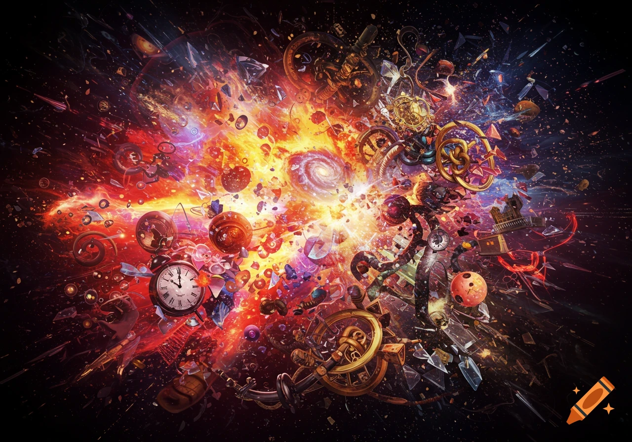 Chaotic explosion of clocks, gears, planets, and debris in space representing entropy