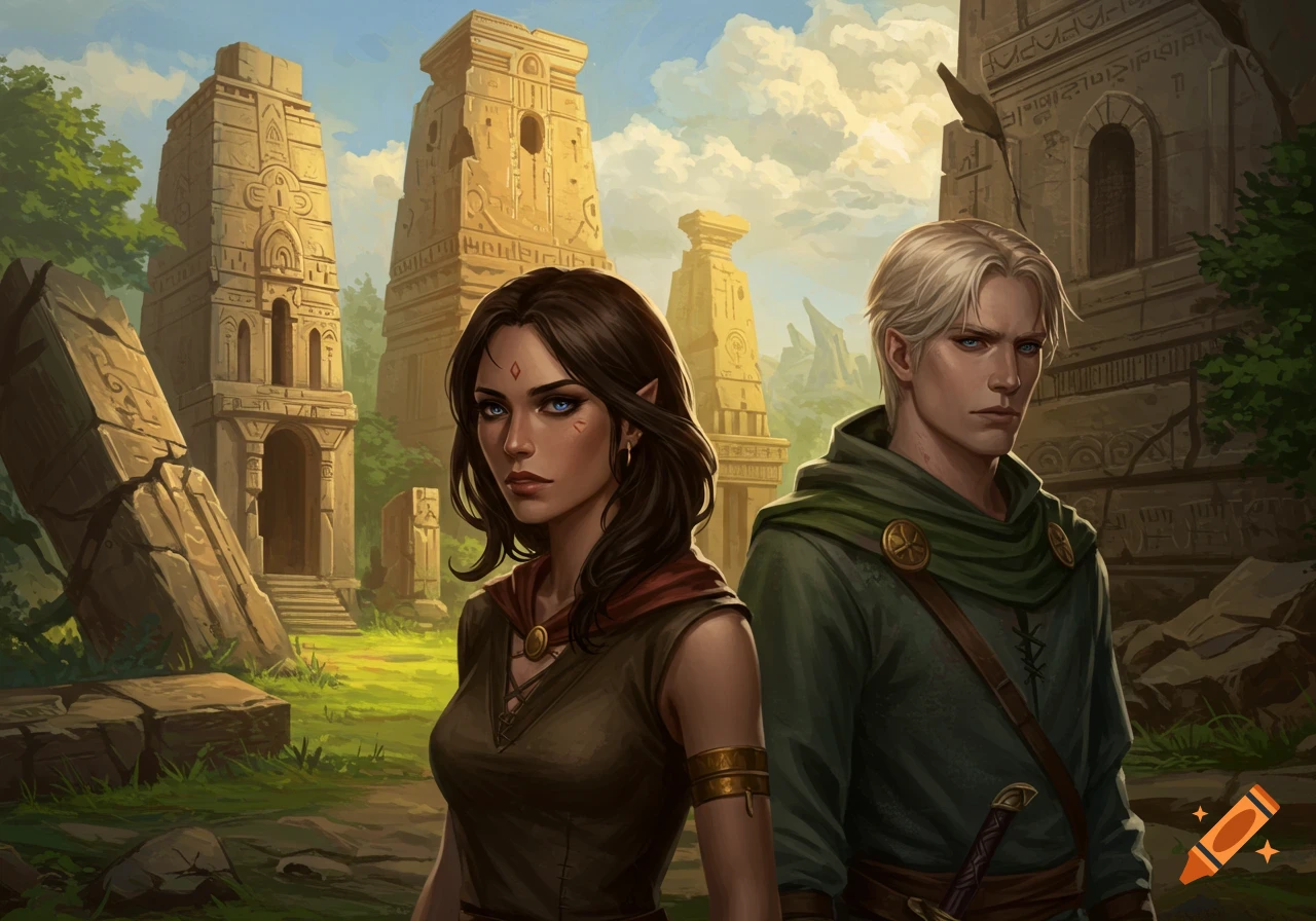Digital illustration of a woman and man standing in front of ancient temple ruins.