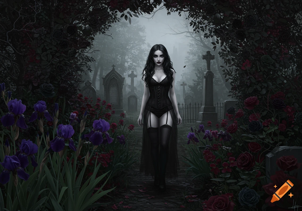 A goth woman in black lingerie walks down a path in a misty cemetery filled with dark roses and purple irises.