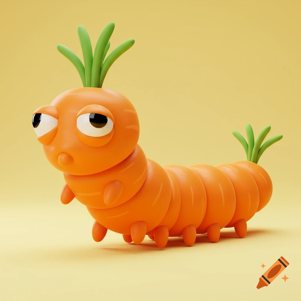 A 3D cartoon caterpillar made from carrots stands on a yellow background.