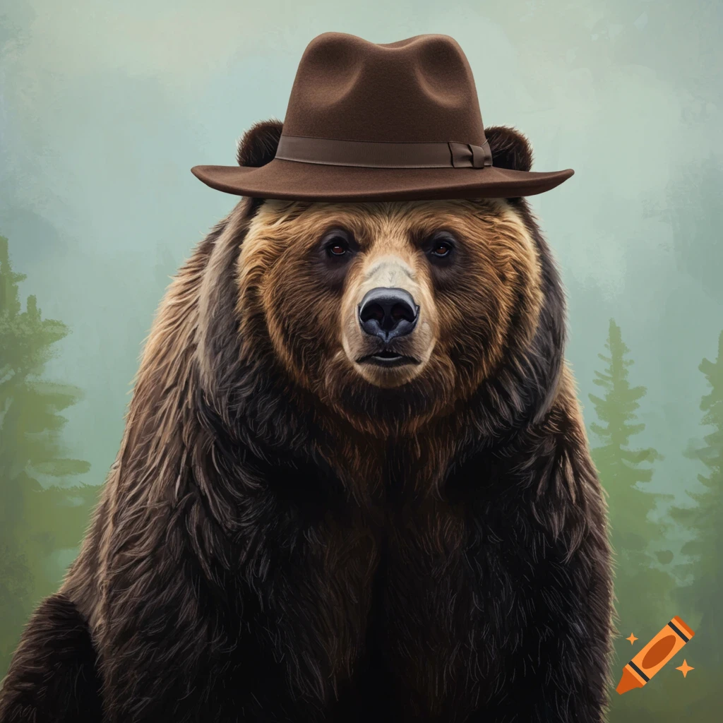 A detailed portrait of a grizzly bear wearing a brown fedora, set against a misty forest background.
