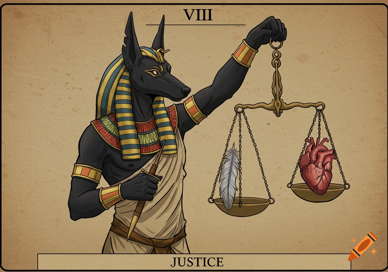Illustration of Anubis, Egyptian god, holding scales with a feather and heart, styled as a tarot card.