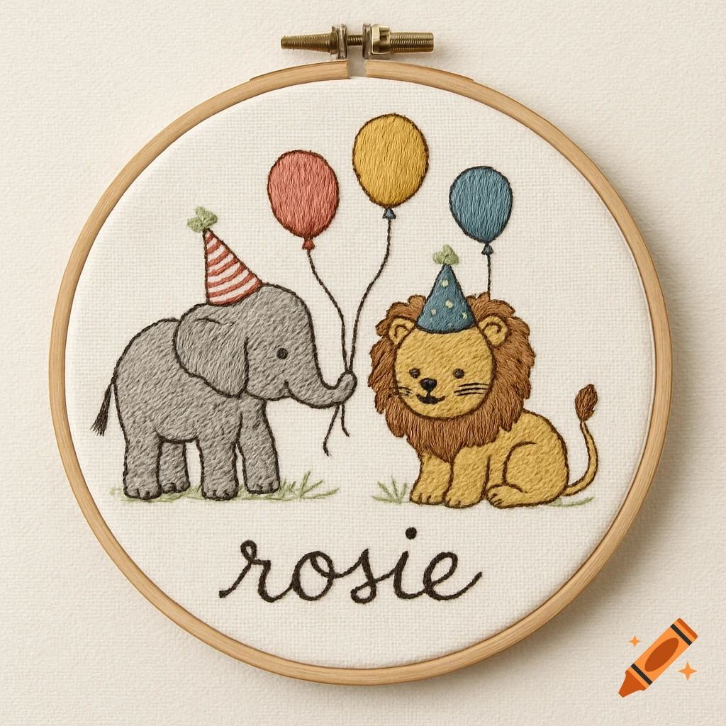 Hand embroidery of an elephant and lion in birthday hats and balloons with the name rosie.