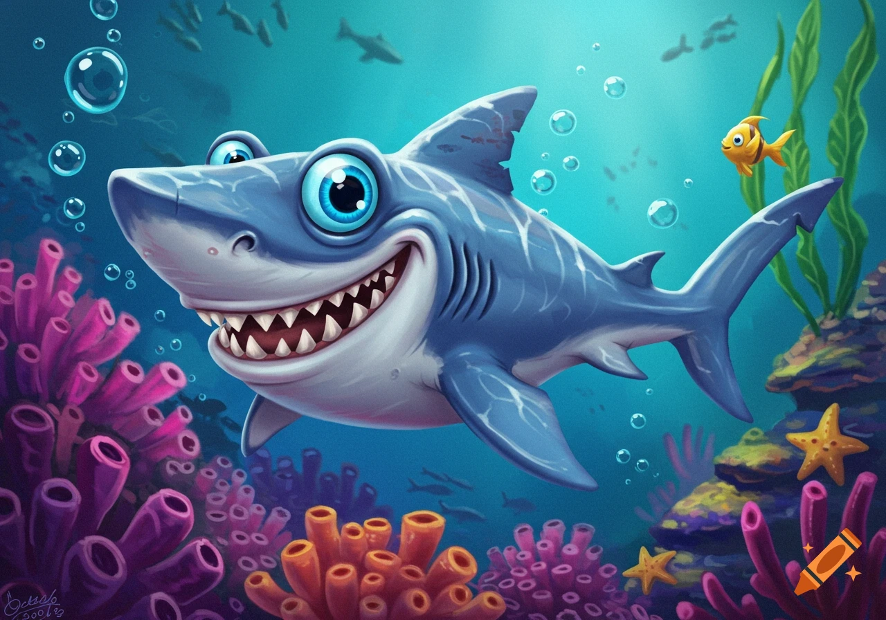 A smiling cartoon shark swims underwater among colorful coral reefs and bubbles.