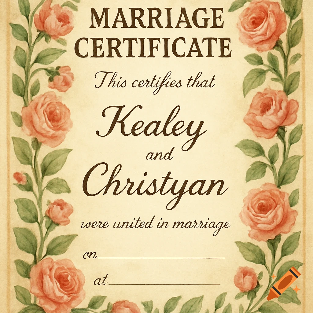 A vintage-style watercolor illustration of a marriage certificate with a border of pink roses and green leaves. Text reads 'MARRIAGE CERTIFICATE', 'This certifies that Kealey and Christyan were united in marriage on ___ at ___'.