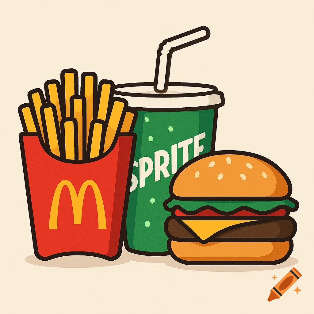 Illustration of a hamburger, french fries, and a soda cup.