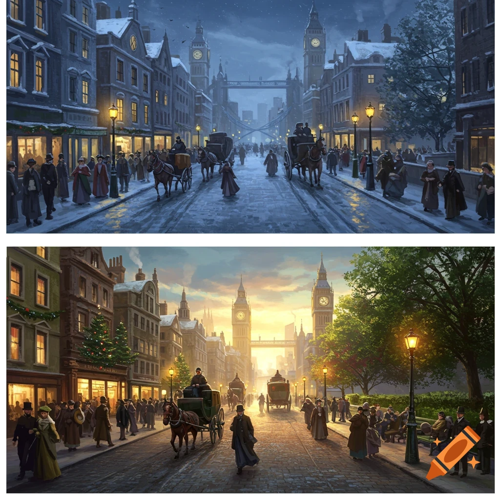 Two panels showing a Victorian London street scene. Top: Night in winter with snow. Bottom: Daytime in summer.