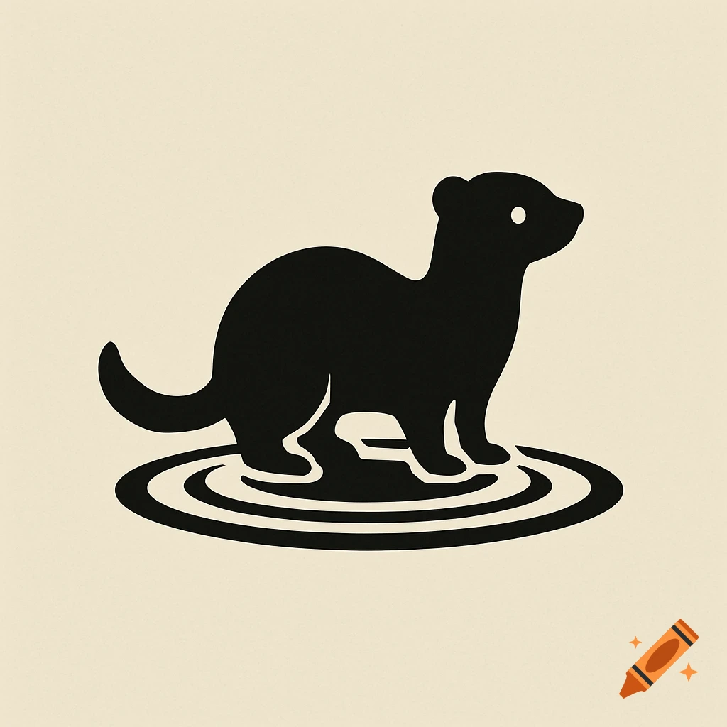 Black ferret silhouette standing on pond ripples in a logo style.