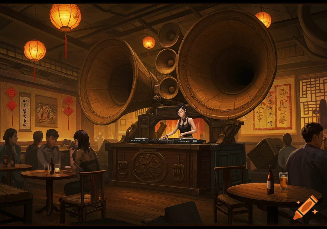 A DJ plays music in a Chinese-themed bar with a large wooden horn sound system and seated customers.