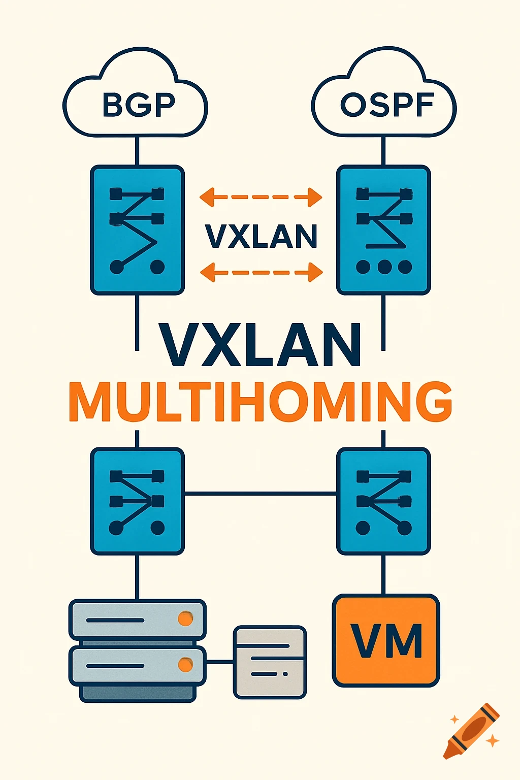 Diagram illustrating VXLAN Multihoming with BGP, OSPF, networking devices, servers, and a VM.