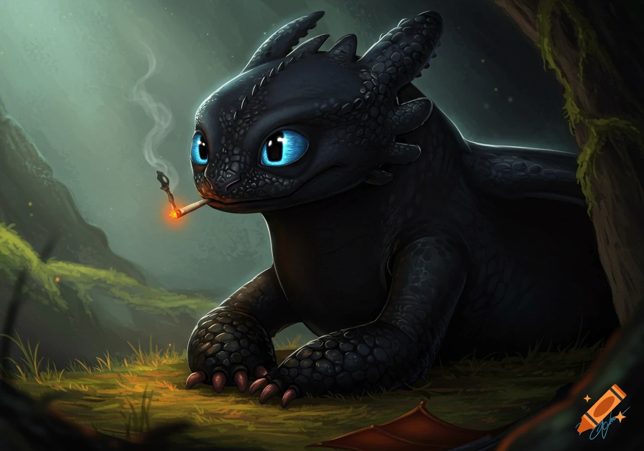 Digital art of the black cartoon dragon Toothless lying down and ...