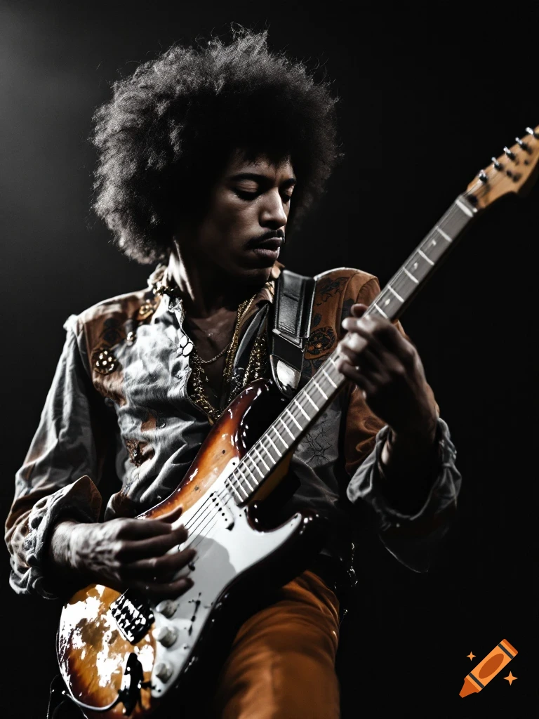 Man with afro resembling Jimi Hendrix playing an electric guitar under dramatic lighting.