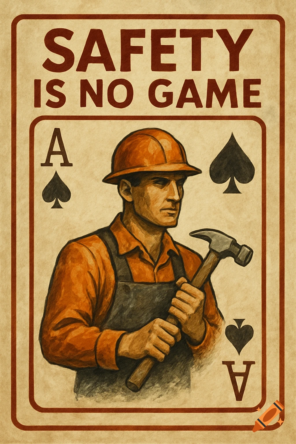 Vintage-style playing card poster featuring a construction worker holding a hammer and the text 'Safety is no game'.