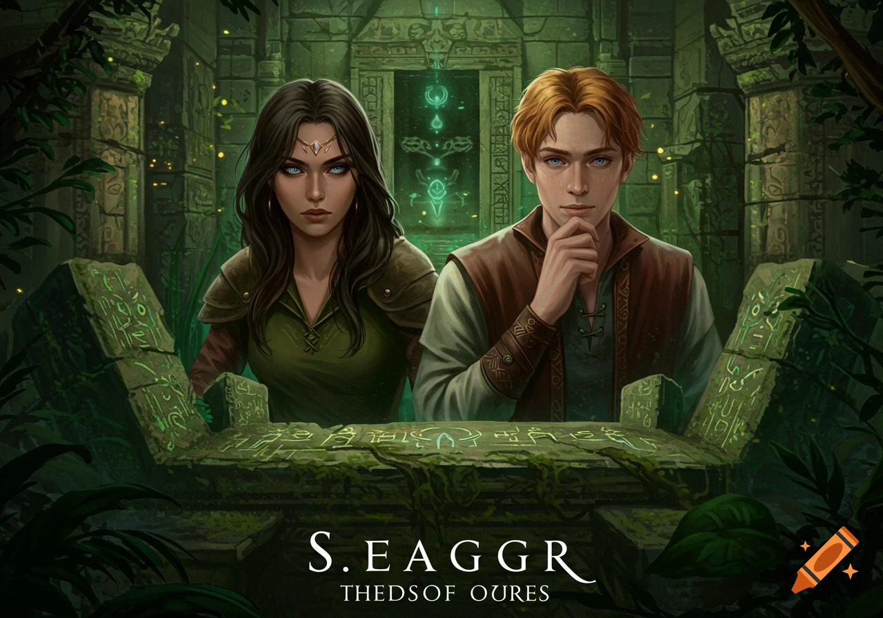 Fantasy portrait of a woman and man standing behind a moss-covered altar with glowing glyphs, in an ancient jungle temple.