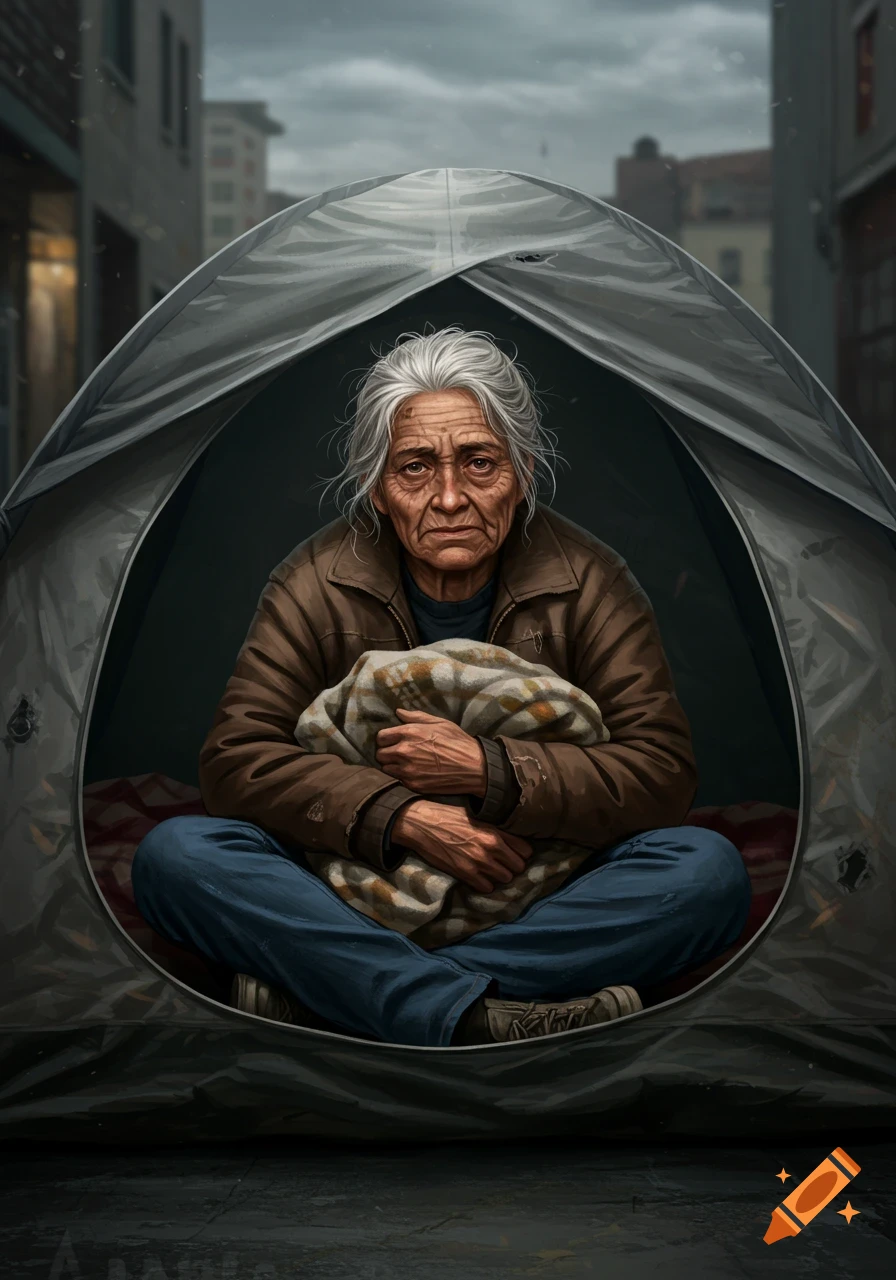 Illustration of a sad elderly homeless woman sitting in a tent on the street.