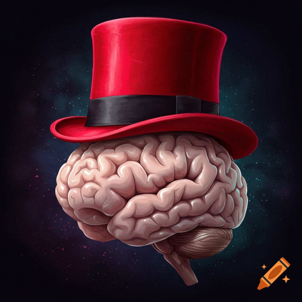 A human brain wearing a red top hat against a dark, starry background.