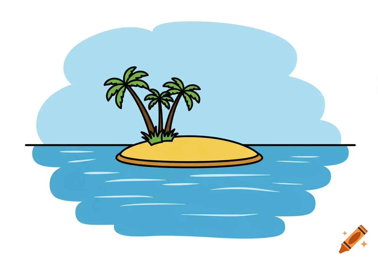 Simple clipart illustration of a tropical island with three palm trees in the ocean.