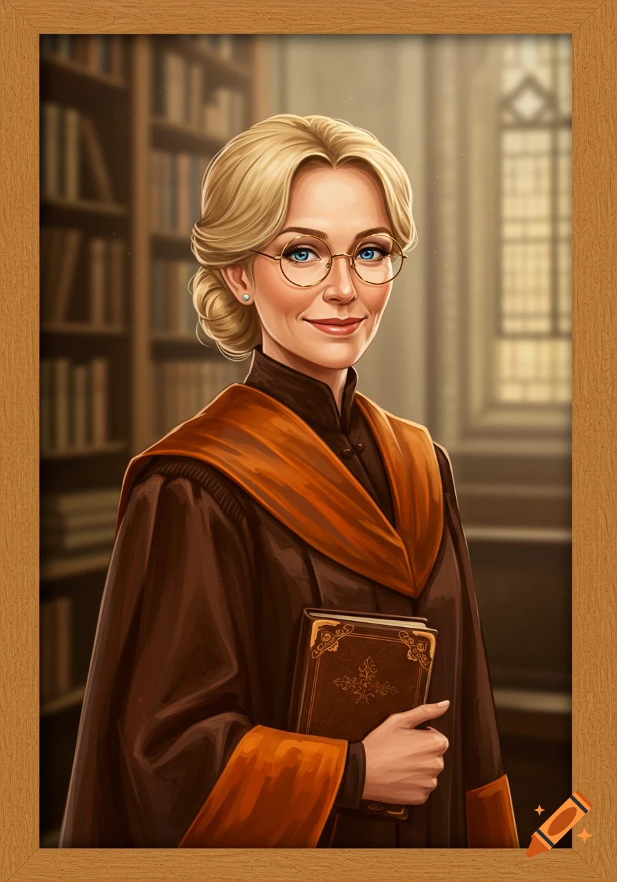 Digital painting of a blonde, blue-eyed middle-aged woman professor in academic regalia, holding a book in a library.
