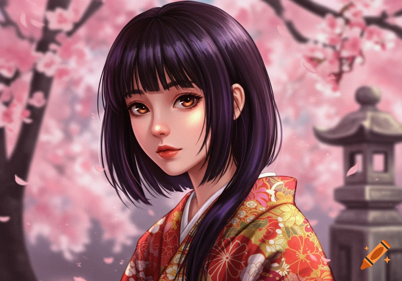 Anime portrait of a young woman in a kimono among cherry blossoms with a lantern.