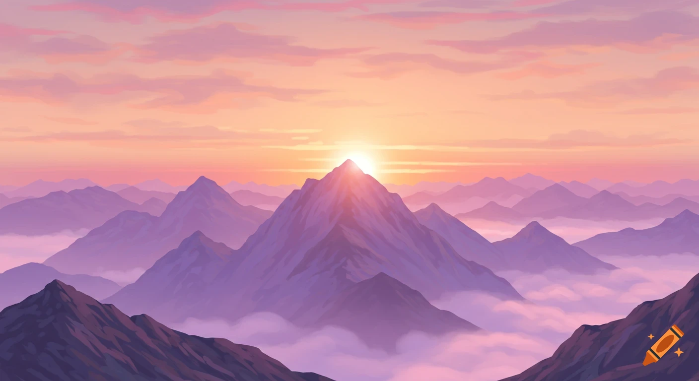 Stylized landscape of a pastel sunrise over purple mountains and clouds.
