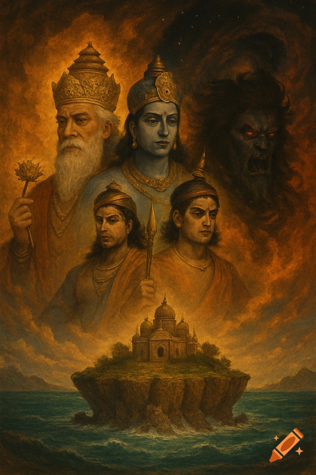 Painting of Hindu deities, including Vishnu and Brahma, with a monstrous figure behind them, overlooking a temple on an island.