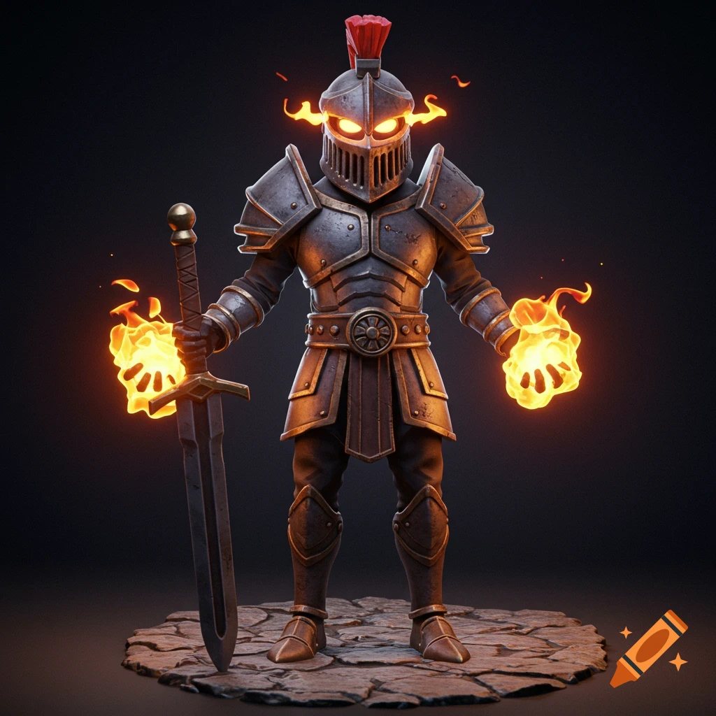 A 3D model of a stylized knight in dark armor with glowing eyes, holding a sword and surrounded by fire.