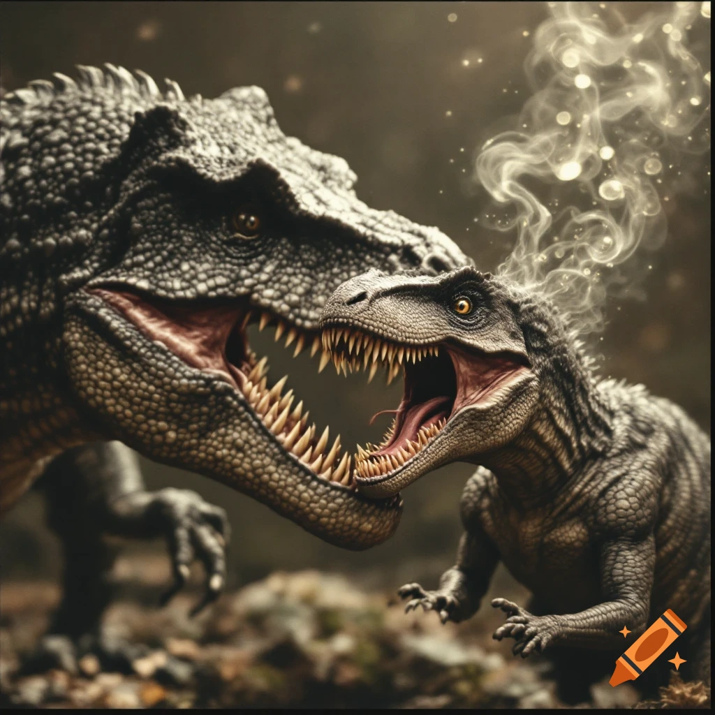 Close-up of two realistic dinosaurs with mouths open, one large and one smaller with smoke rising from its head.