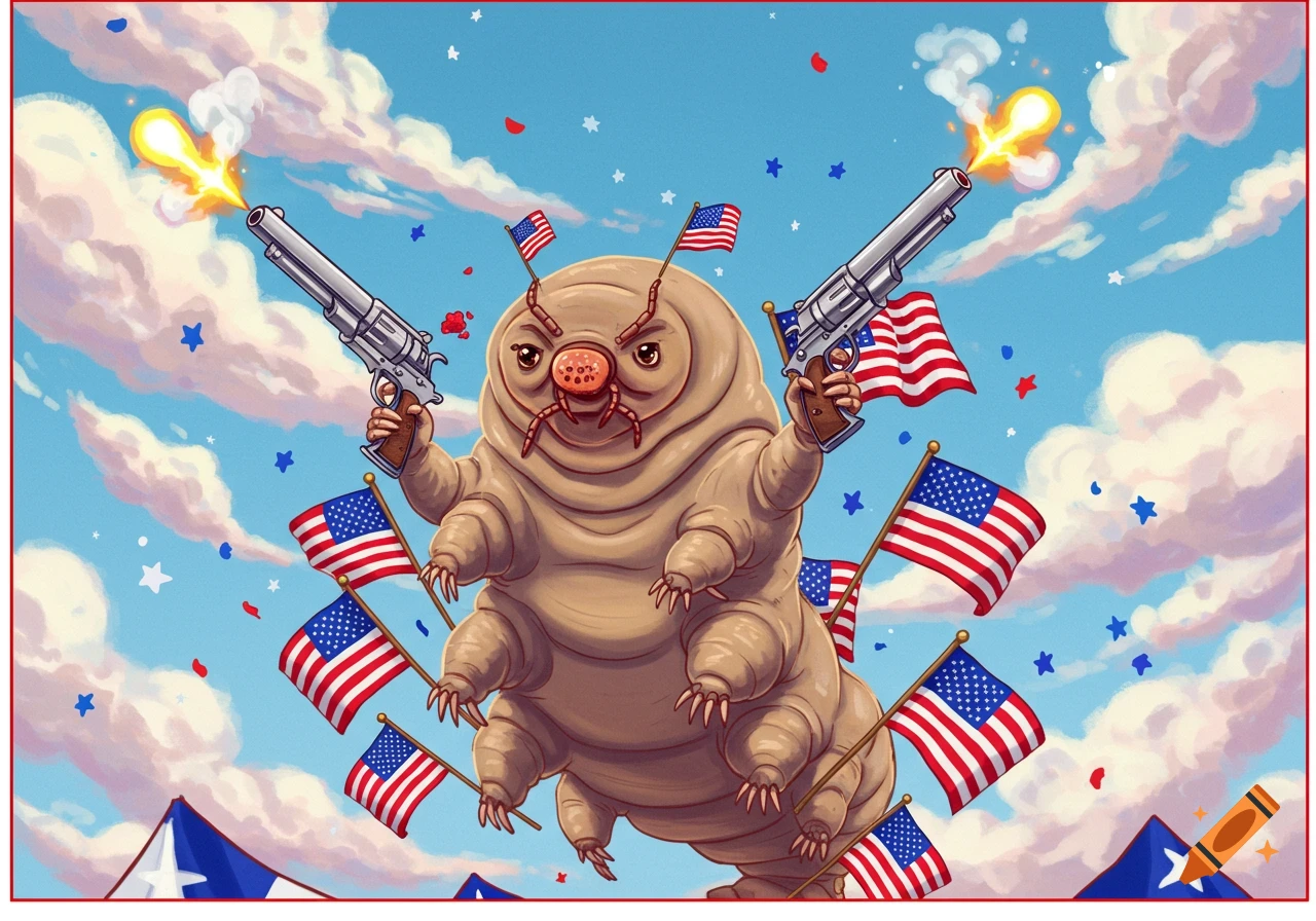 Cartoon tardigrade holding American flags and shooting pistols in a patriotic sky.