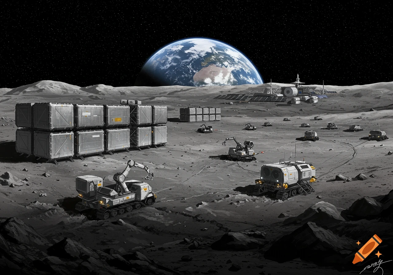Futuristic moon mining base with robotic vehicles, containers, and base structure, with Earth visible in the sky. Concept art style.