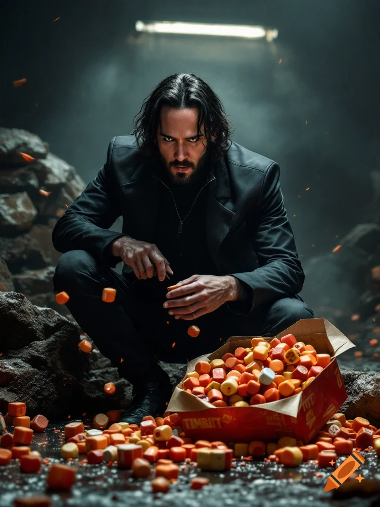 A person resembling John Wick crouches next to an open red box overflowing with orange cube-shaped candy or Timbits. The image has a dark, moody, cinematic style.