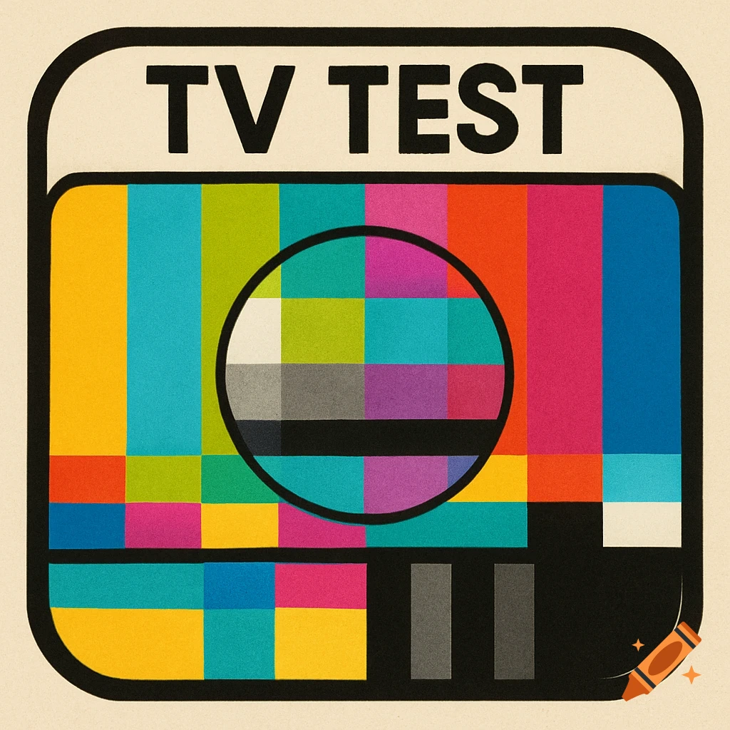 Retro TV test pattern logo with bright colors and 'TV TEST' text.