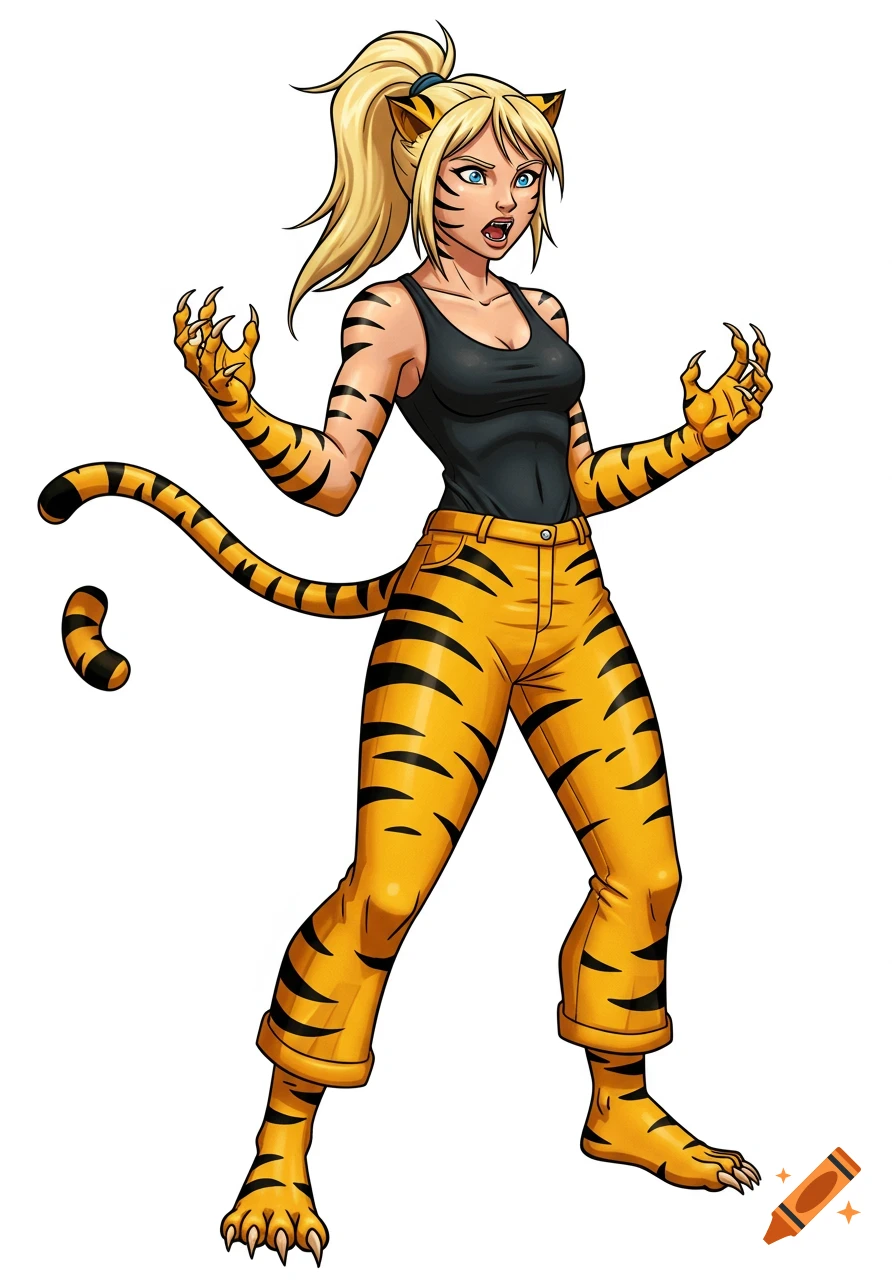 Cartoon drawing of a woman in a black tank top and yellow striped pants transforming into a tiger creature with claws and a tail.