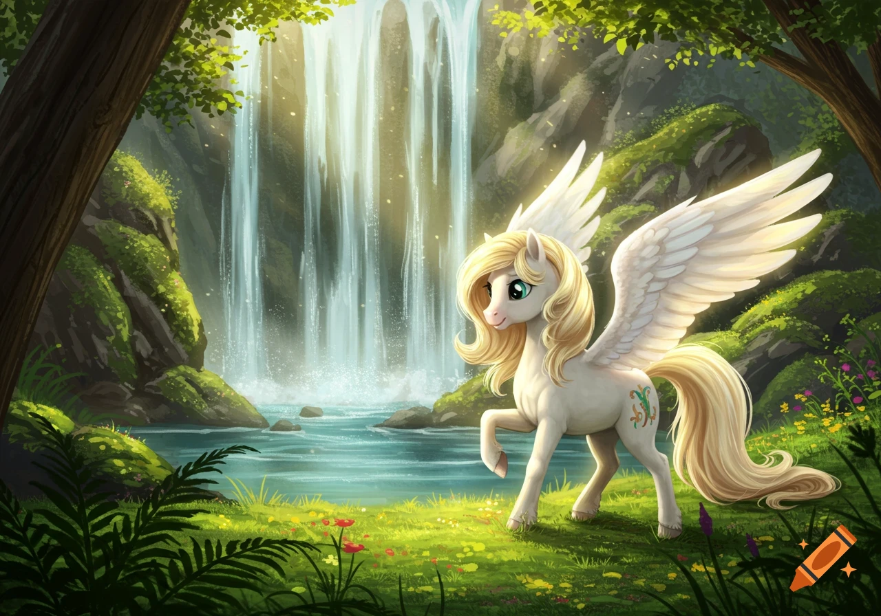 An illustrated white pegasus pony stands near a waterfall in a sunny forest.