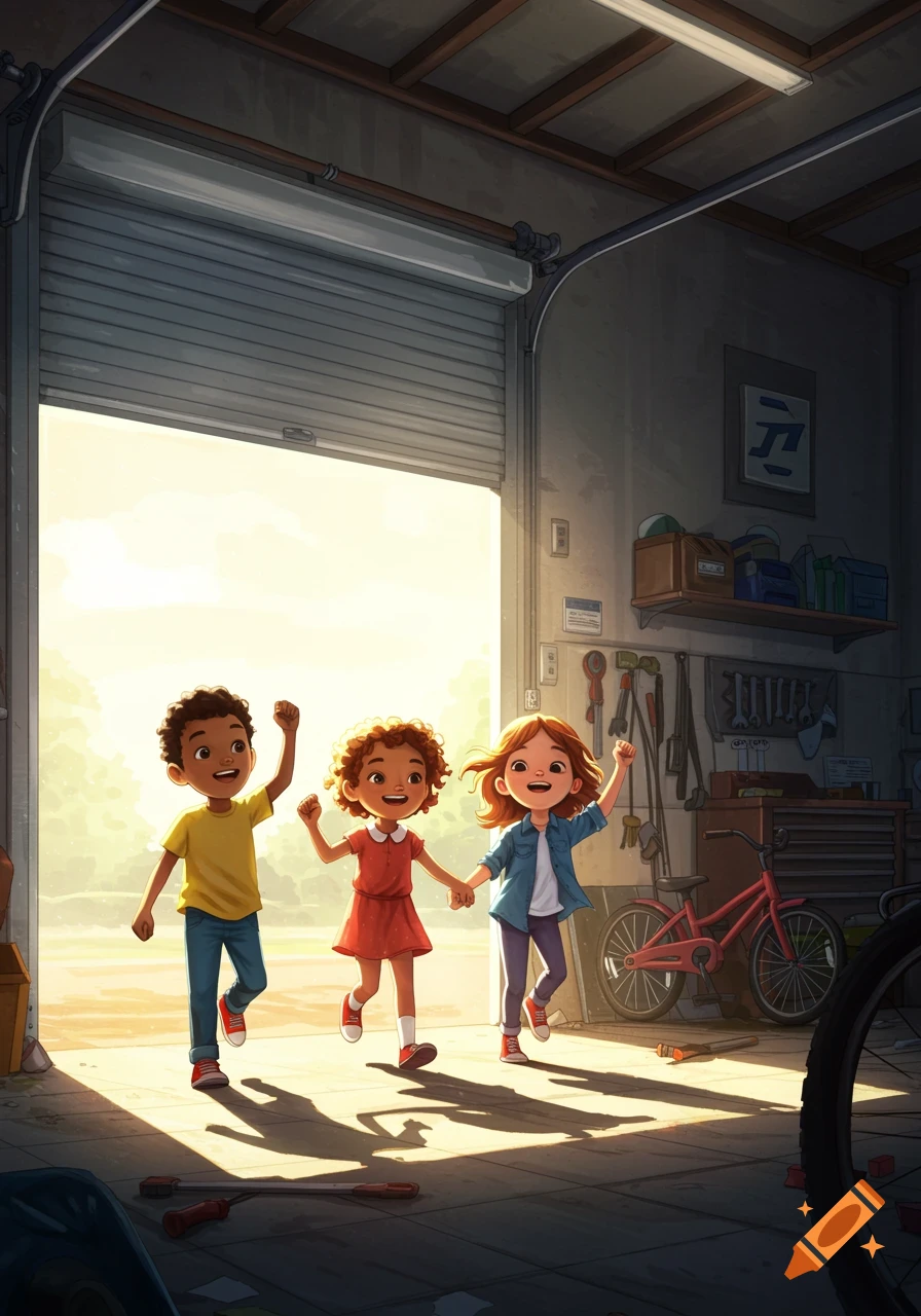 Three smiling children run into a bright garage, illustration.