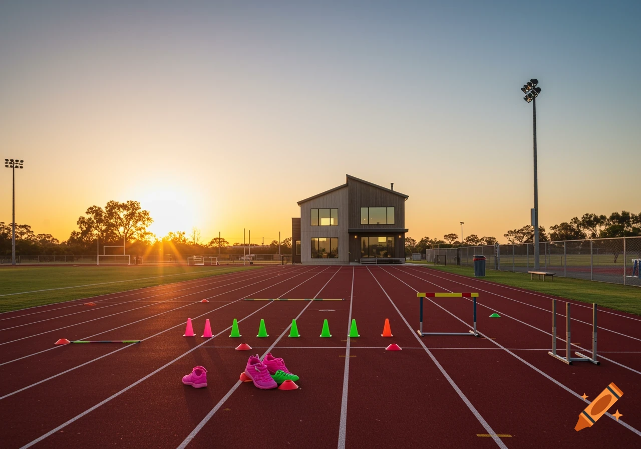 A running track with pink and green shoes, cones, and hurdles at sunset, next to a modern building.