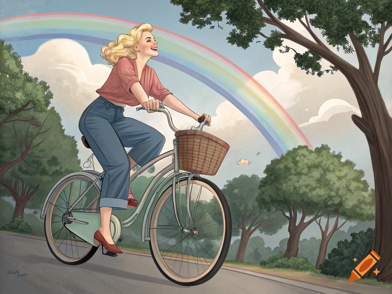 An illustration of a woman happily riding a bicycle in a park under a rainbow.